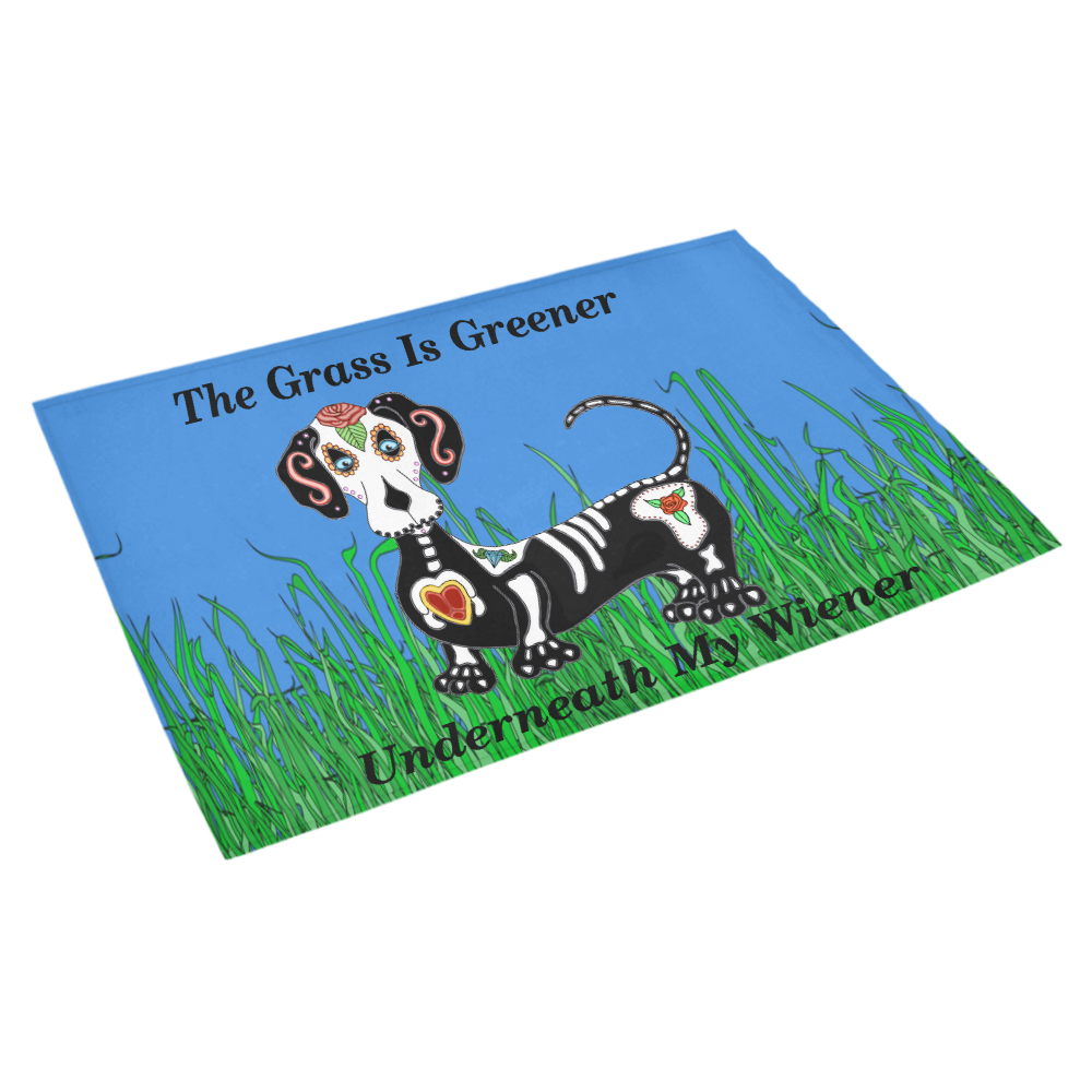 Dachshund Grass Is Greener Blue Azalea Doormat 30" x 18" (Sponge Material)