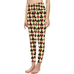 Las Vegas Black and Red Casino Poker Card Shapes on Yellow Women's All Over Print High-Waisted Leggings (Model L36)