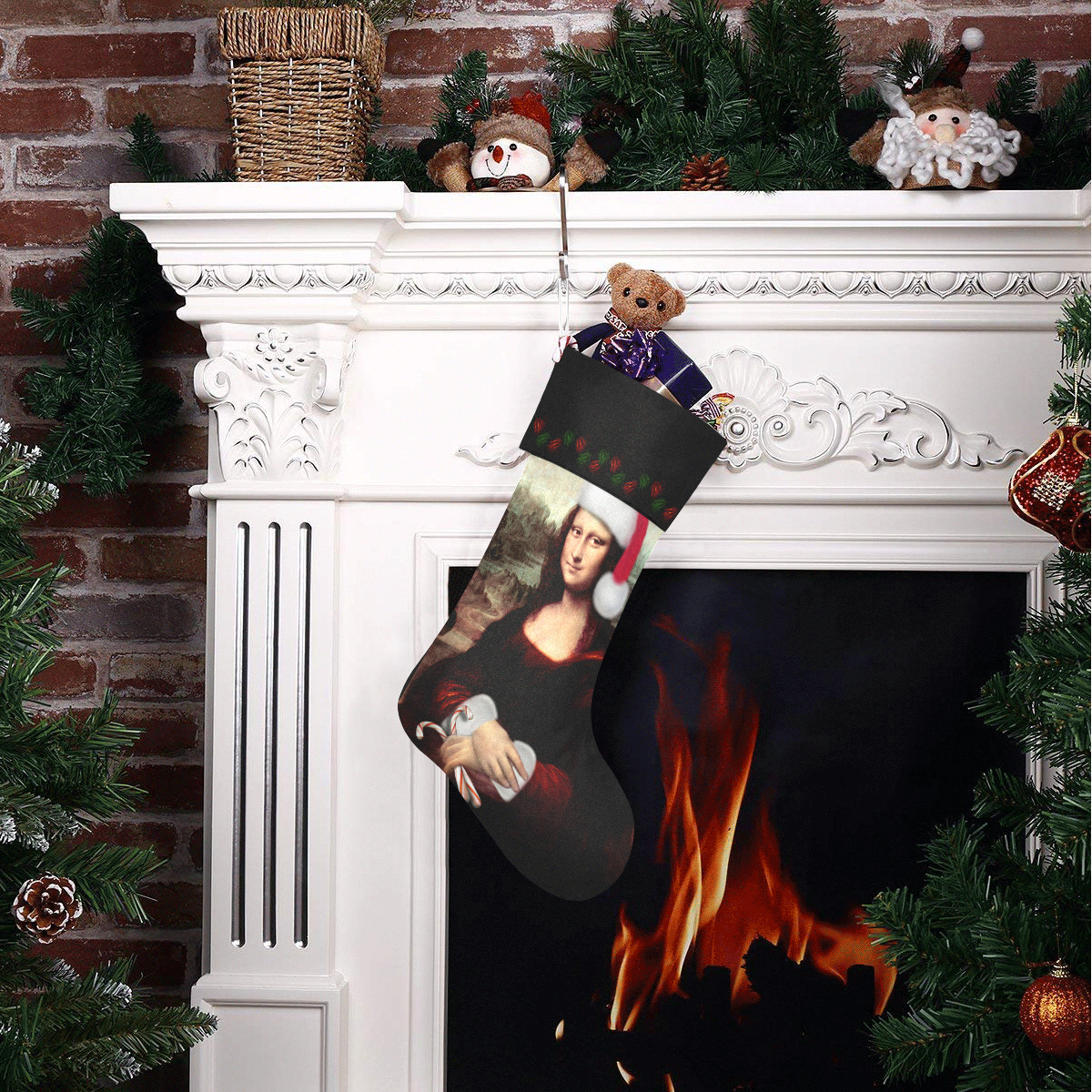 Christmas Mona Lisa with Santa Hat Christmas Stocking