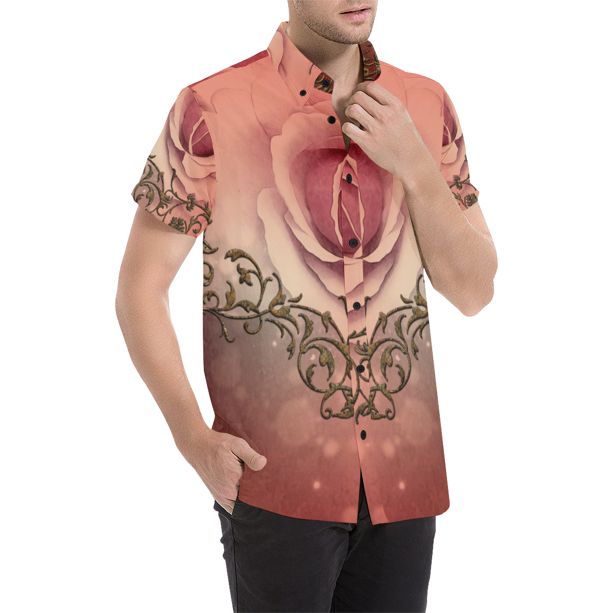 Wonderful roses with floral elements Men's All Over Print Short Sleeve Shirt/Large Size (Model T53)