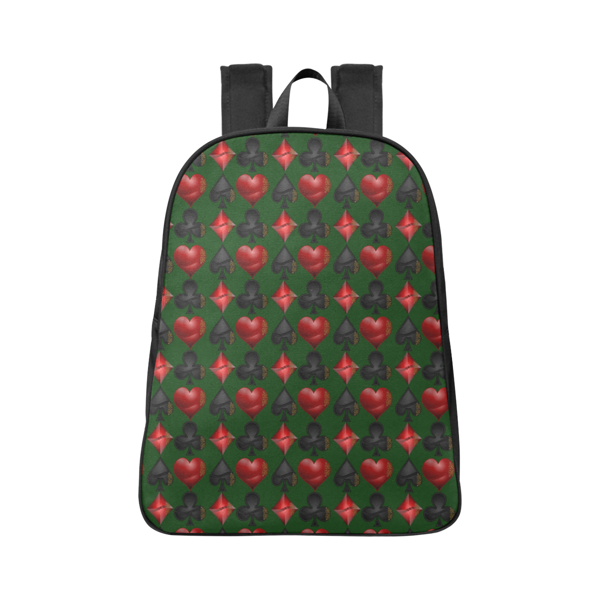Las Vegas Black and Red Casino Poker Card Shapes Green Fabric School Backpack (Model 1682) (Large)