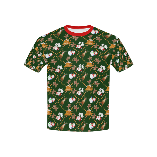 Christmas Gingerbread, Snowman, Reindeer and Santa Claus Green Kids' All Over Print T-Shirt with Solid Color Neck (Model T40)