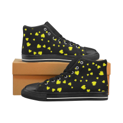 Yellow Hearts Floating on Black High Top Canvas Shoes for Kid (Model 017)
