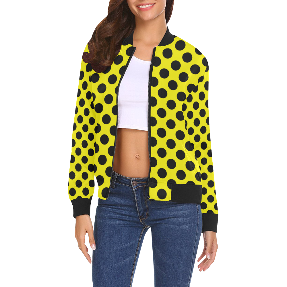 Black Polka Dots on Yellow All Over Print Bomber Jacket for Women (Model H19)