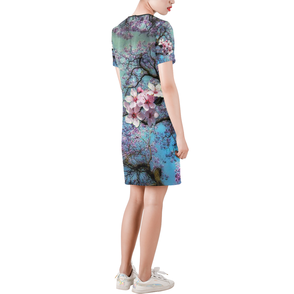 Cherry blossomL Short-Sleeve Round Neck A-Line Dress (Model D47)