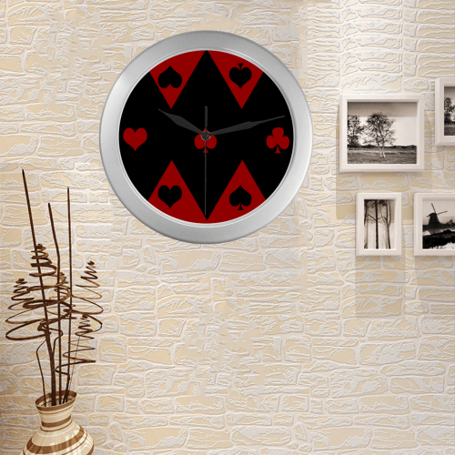 Las Vegas Black Red Play Card Shapes Silver Color Wall Clock