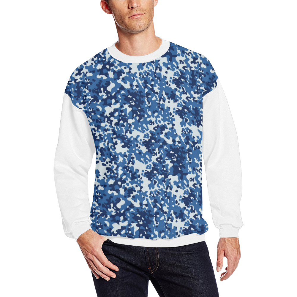 Digital Blue Camouflage  (Vest Style) White Men's Oversized Fleece Crew Sweatshirt/Large Size(Model H18)
