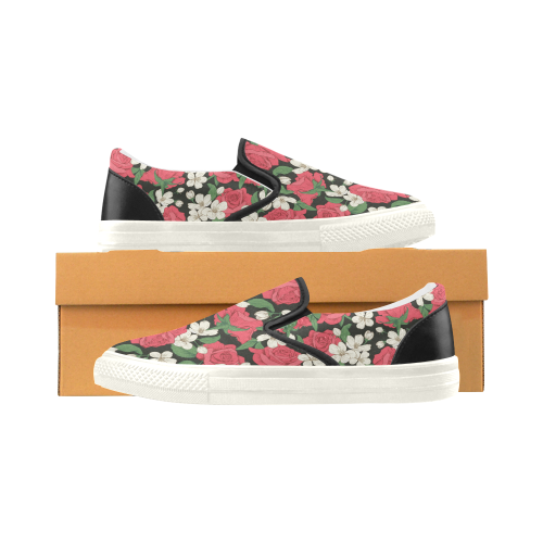Pink, White and Black Floral Slip-on Canvas Shoes for Men/Large Size (Model 019)