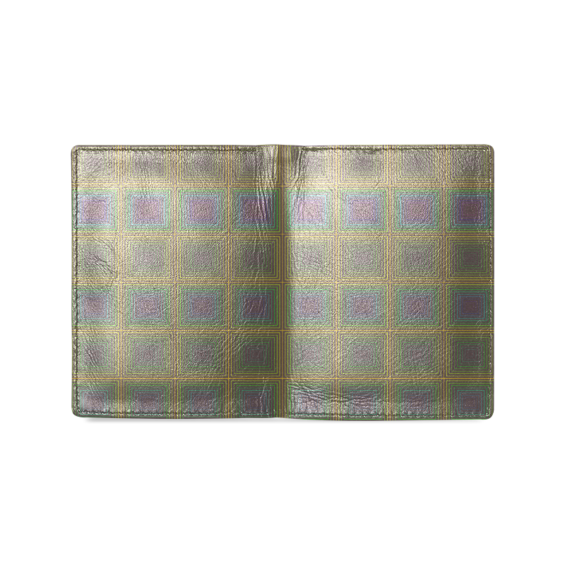 Pale purple golden multicolored multiple squares Men's Leather Wallet (Model 1612)