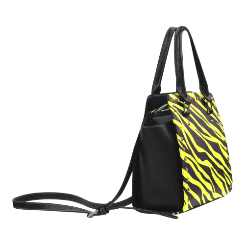 Neon Yellow Zebra Stripes Rivet Shoulder Handbag (Model 1645)