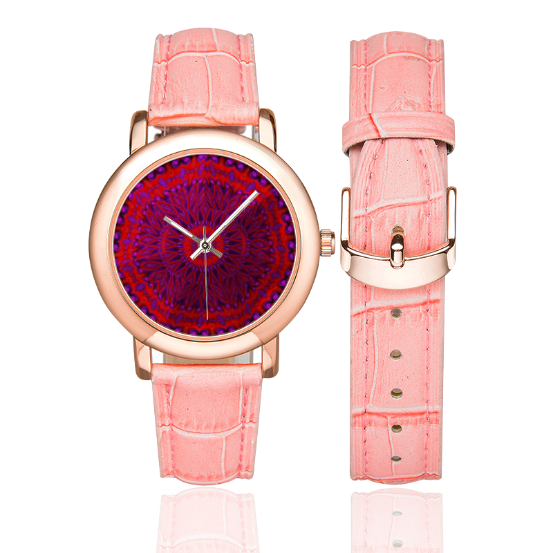 Indian Blanket Under Glass Fractal Abstract Women's Rose Gold Leather Strap Watch(Model 201)