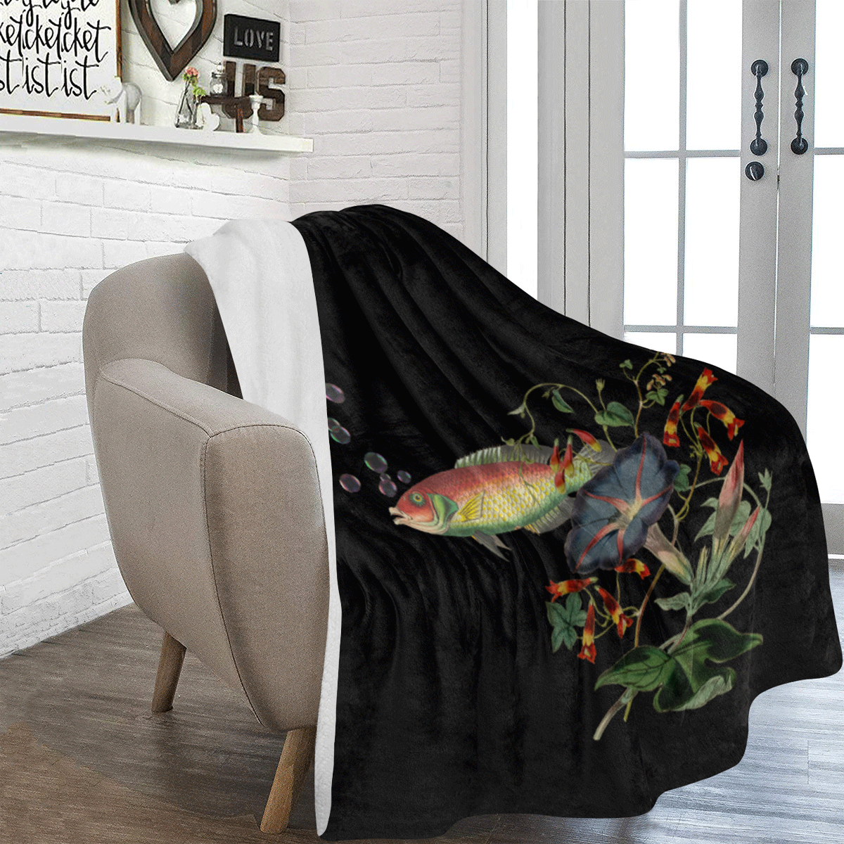 Fish With Flowers Surreal Ultra-Soft Micro Fleece Blanket 60"x80"