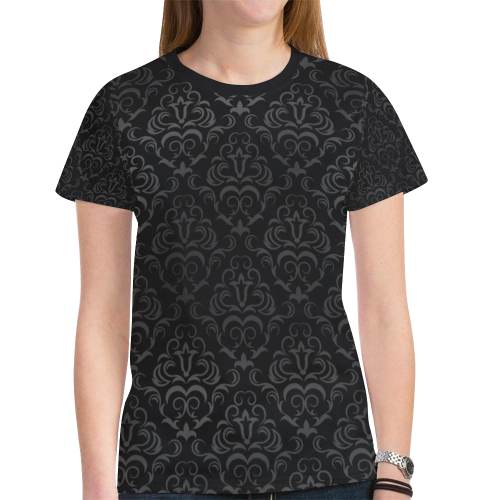 Elegant vintage floral damasks in  gray and black New All Over Print T-shirt for Women (Model T45)