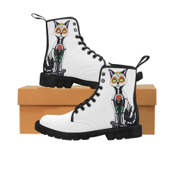 Sugar Skull Cat White Martin Boots for Women (Black) (Model 1203H)