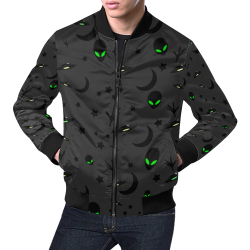 Alien Flying Saucers Stars Pattern on Charcoal All Over Print Bomber Jacket for Men (Model H19)