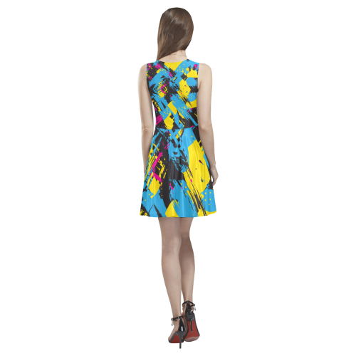 Colorful paint stokes on a black background Thea Sleeveless Skater Dress(Model D19)