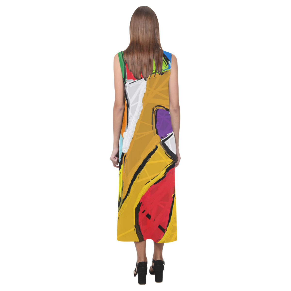 Yellow Abstract Art Phaedra Sleeveless Open Fork Long Dress (Model D08)