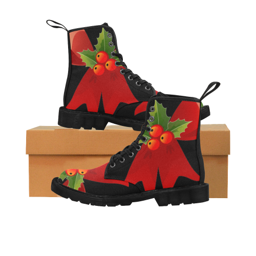 Red Christmas Bows and Holly Martin Boots for Women (Black) (Model 1203H)