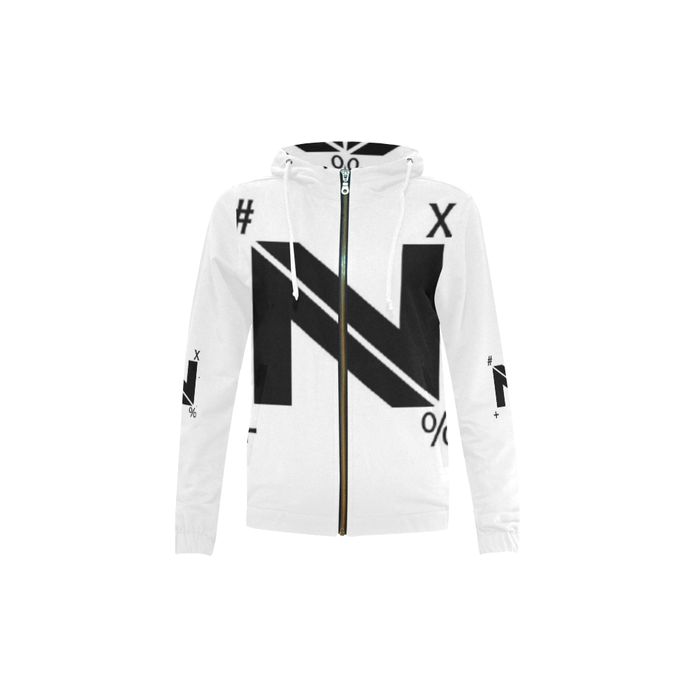 NUMBERS Collection N Logo White/Black All Over Print Full Zip Hoodie for Kid (Model H14)