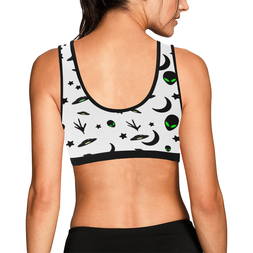 Alien Flying Saucers Stars Pattern on White Women's All Over Print Sports Bra (Model T52)