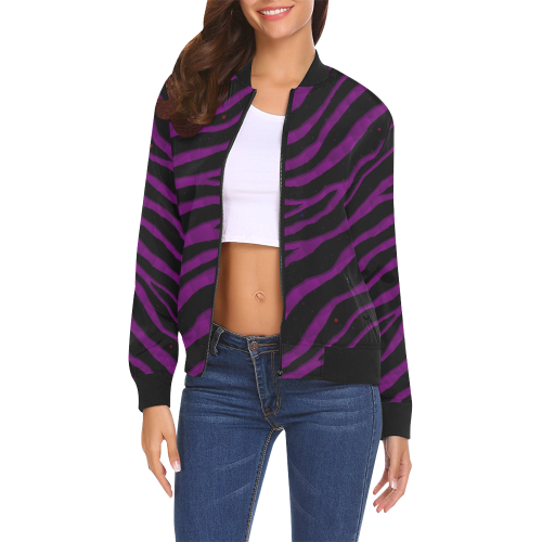 Ripped SpaceTime Stripes - Purple All Over Print Bomber Jacket for Women (Model H19)