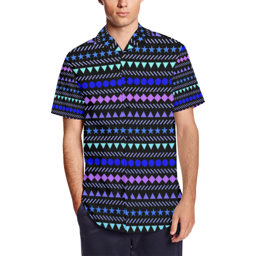Patterns on Black Men's Short Sleeve Shirt with Lapel Collar (Model T54)