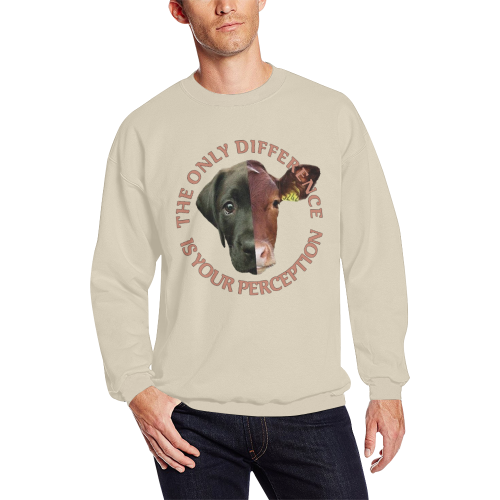 Vegan Cow and Dog Design with Slogan Men's Oversized Fleece Crew Sweatshirt (Model H18)