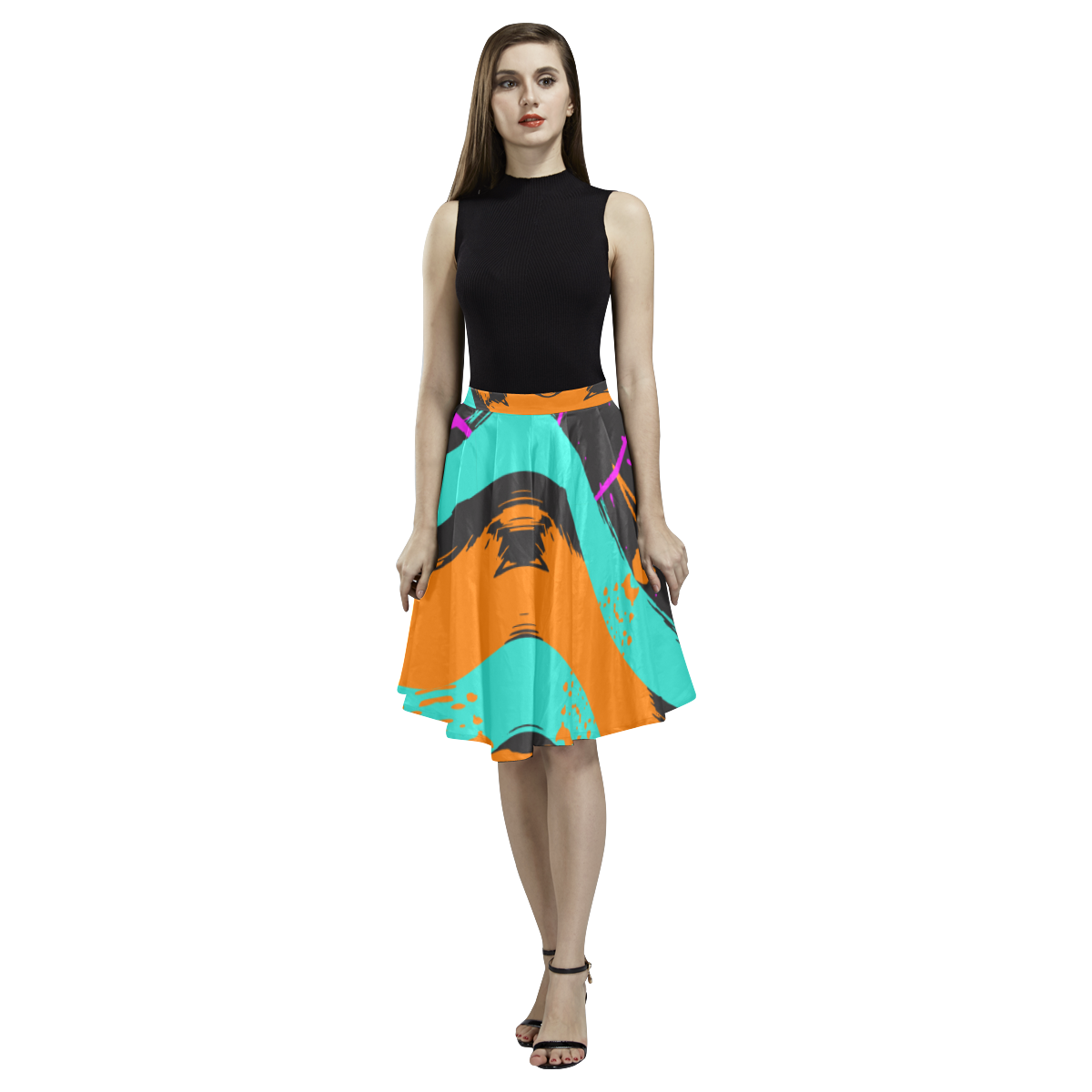 Blue orange black waves Melete Pleated Midi Skirt (Model D15)