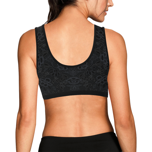 Black Crocheted Lace Mandala Pattern on black Women's All Over Print Sports Bra (Model T52)
