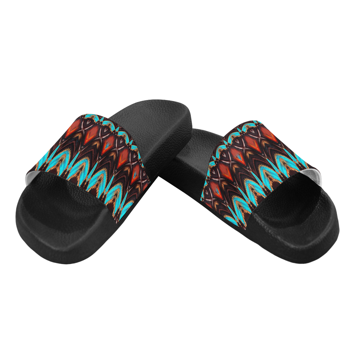 K172 Wood and Turquoise Abstract Women's Slide Sandals (Model 057)