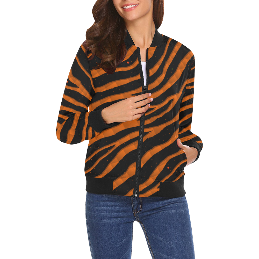 Ripped SpaceTime Stripes - Orange All Over Print Bomber Jacket for Women (Model H19)
