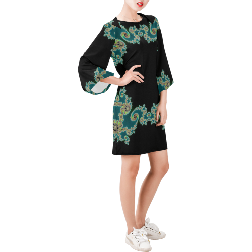 Aqua and Black  Hearts Lace Fractal Abstract Bell Sleeve Dress (Model D52)