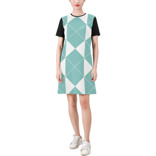 Abstract geometric pattern - blue and white. Short-Sleeve Round Neck A-Line Dress (Model D47)