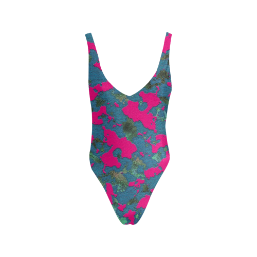 CAMOUFLAGE PINK BLUE Sexy Low Back One-Piece Swimsuit (Model S09)