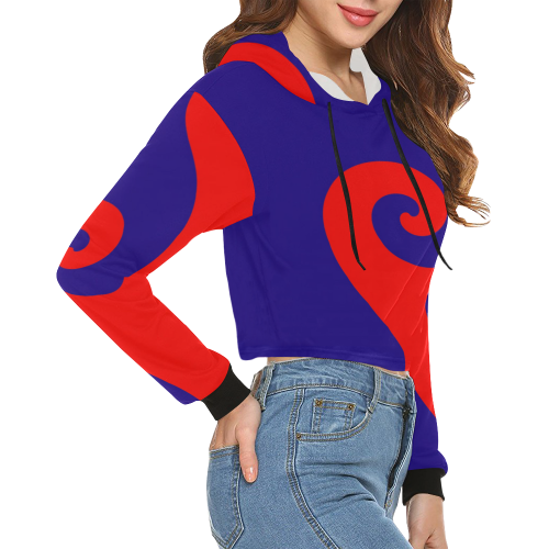 Mod Hippie Red and Blue Curlicue Swirls All Over Print Crop Hoodie for Women (Model H22)