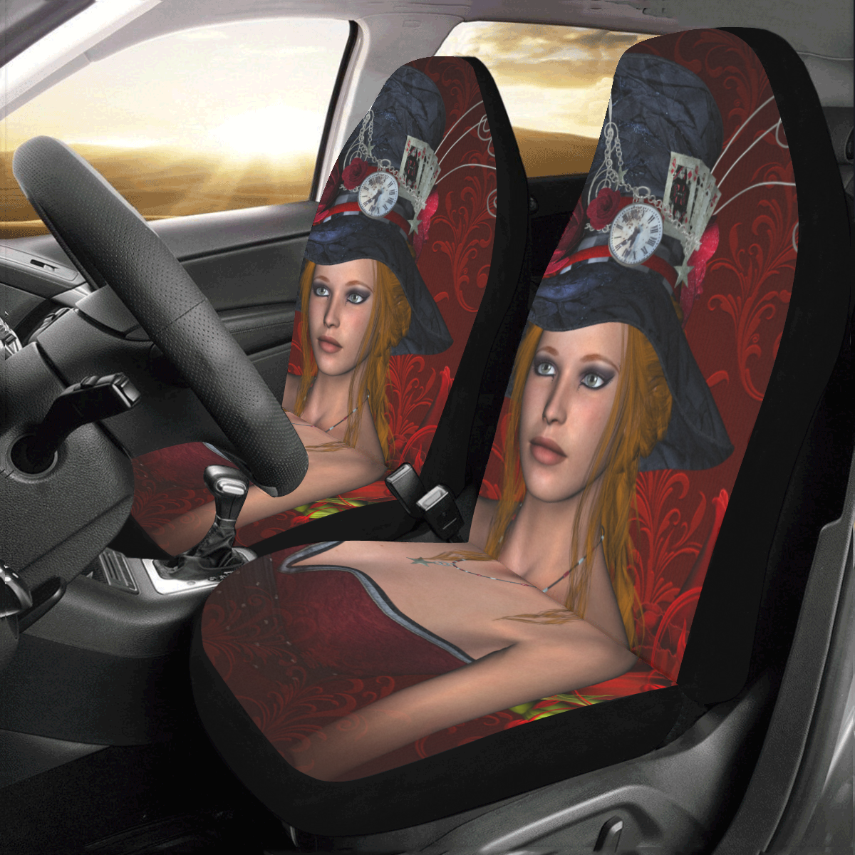 Beautiful steampunk lady, awesome hat Car Seat Covers (Set of 2)