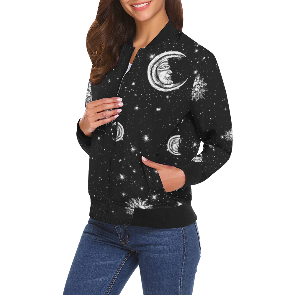 Mystic Stars, Moon and Sun All Over Print Bomber Jacket for Women (Model H19)