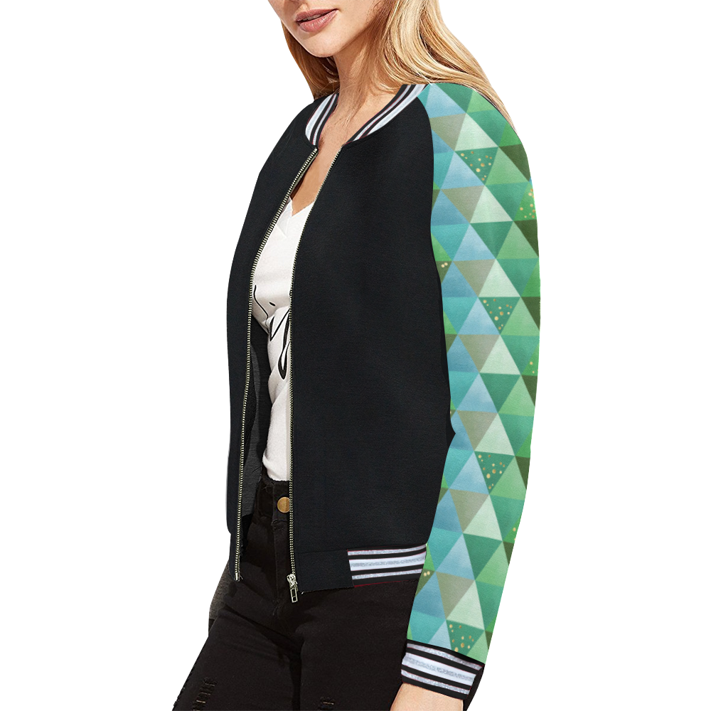 Triangle Pattern - Green Teal Khaki Moss All Over Print Bomber Jacket for Women (Model H21)