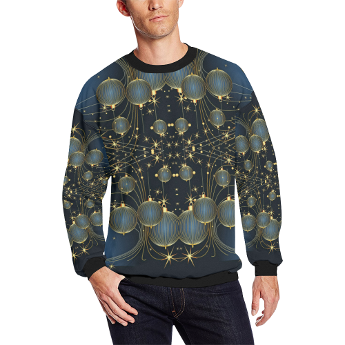 Golden Christmas Ornaments on Blue Men's Oversized Fleece Crew Sweatshirt/Large Size(Model H18)