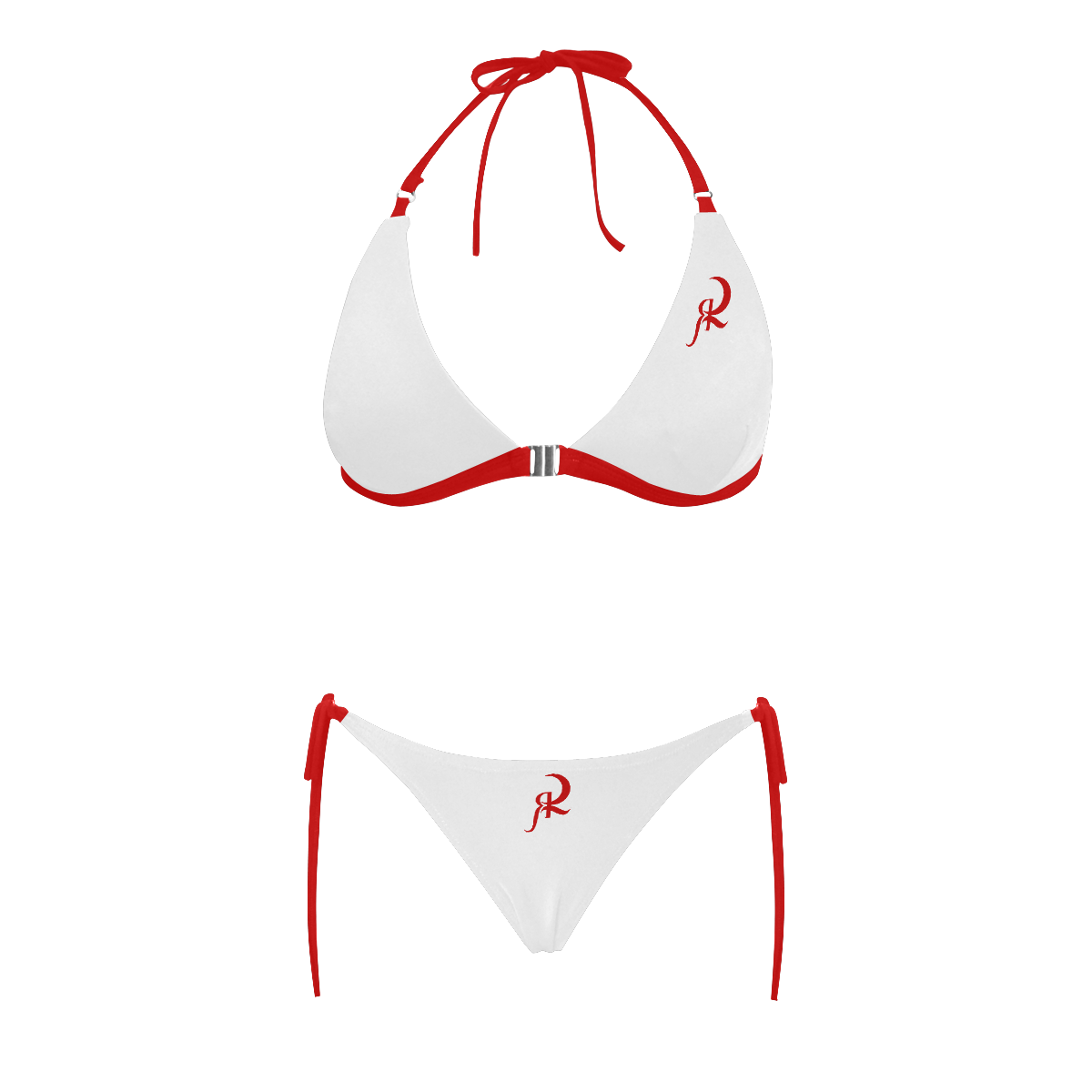 RED QUEEN SYMBOL WHITE & RED LINING Buckle Front Halter Bikini Swimsuit (Model S08)