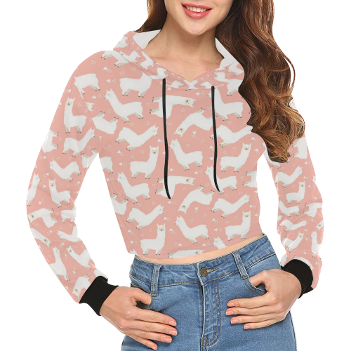 Pink Llama Pattern All Over Print Crop Hoodie for Women (Model H22)