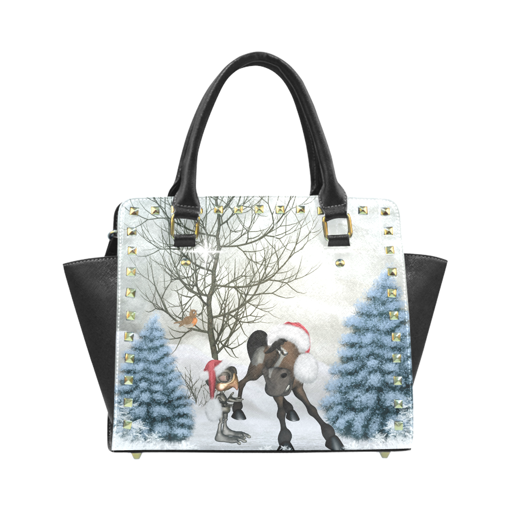 Christmas cute bird and horse Rivet Shoulder Handbag (Model 1645)
