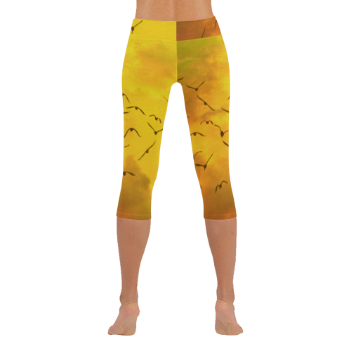 Trendy Birds, yellow by JamColors Women's Low Rise Capri Leggings (Invisible Stitch) (Model L08)