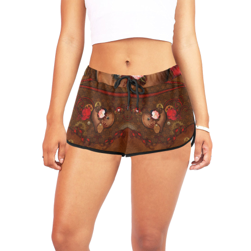Steampunk heart with roses, valentines Women's All Over Print Relaxed Shorts (Model L19)