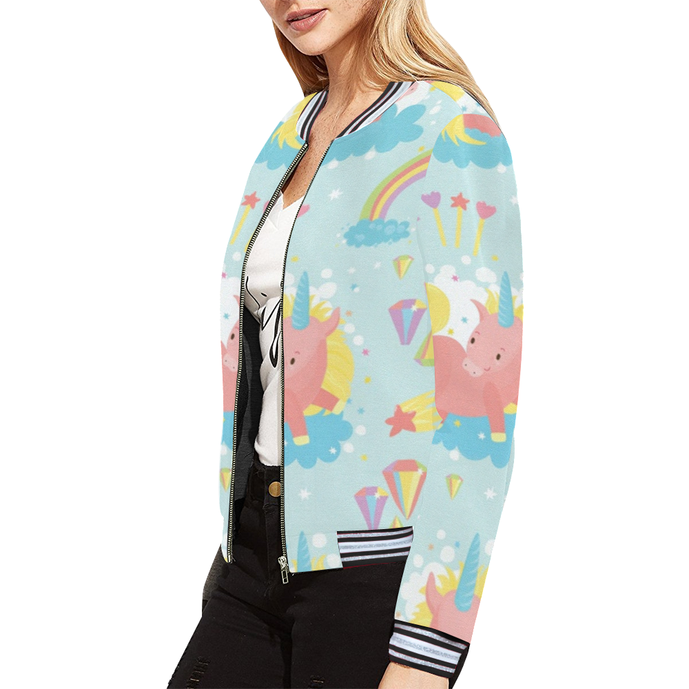 Unicorn And Rainbow Pattern All Over Print Bomber Jacket for Women (Model H21)