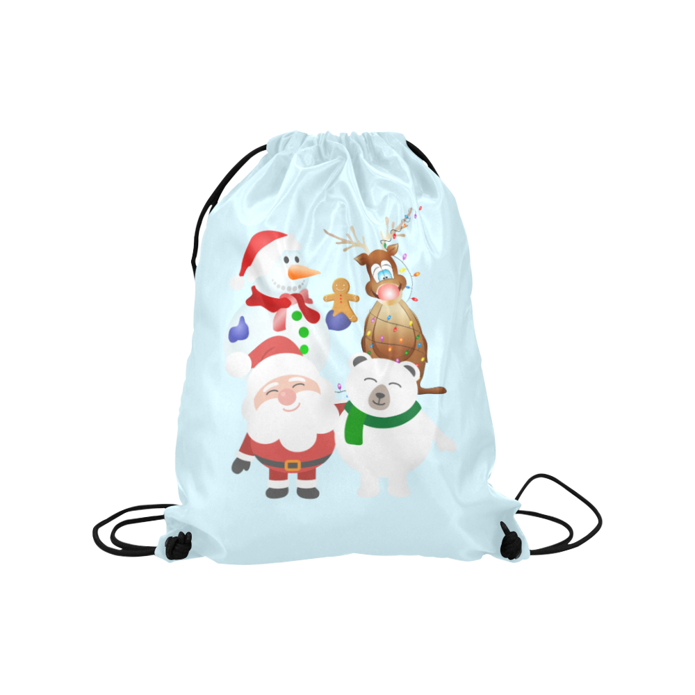 Christmas Gingerbread, Snowman, Santa Claus  on Blue Medium Drawstring Bag Model 1604 (Twin Sides) 13.8"(W) * 18.1"(H)