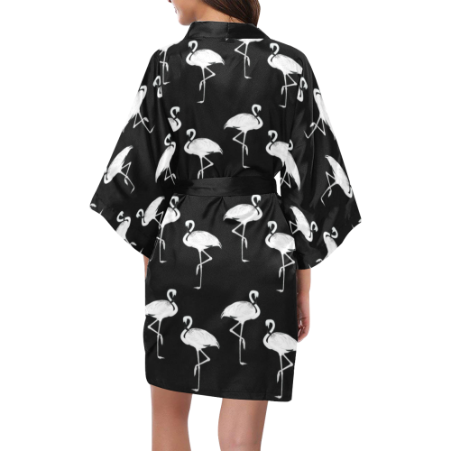 Flamingos Pattern White on Black Kimono Robe