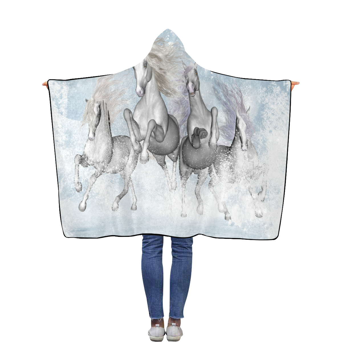 Awesome white wild horses Flannel Hooded Blanket 40''x50''