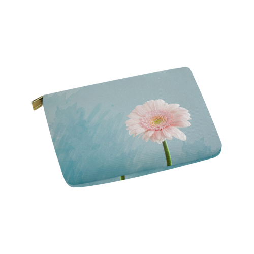 Gerbera Daisy - Pink Flower on Watercolor Blue Carry-All Pouch 9.5''x6''
