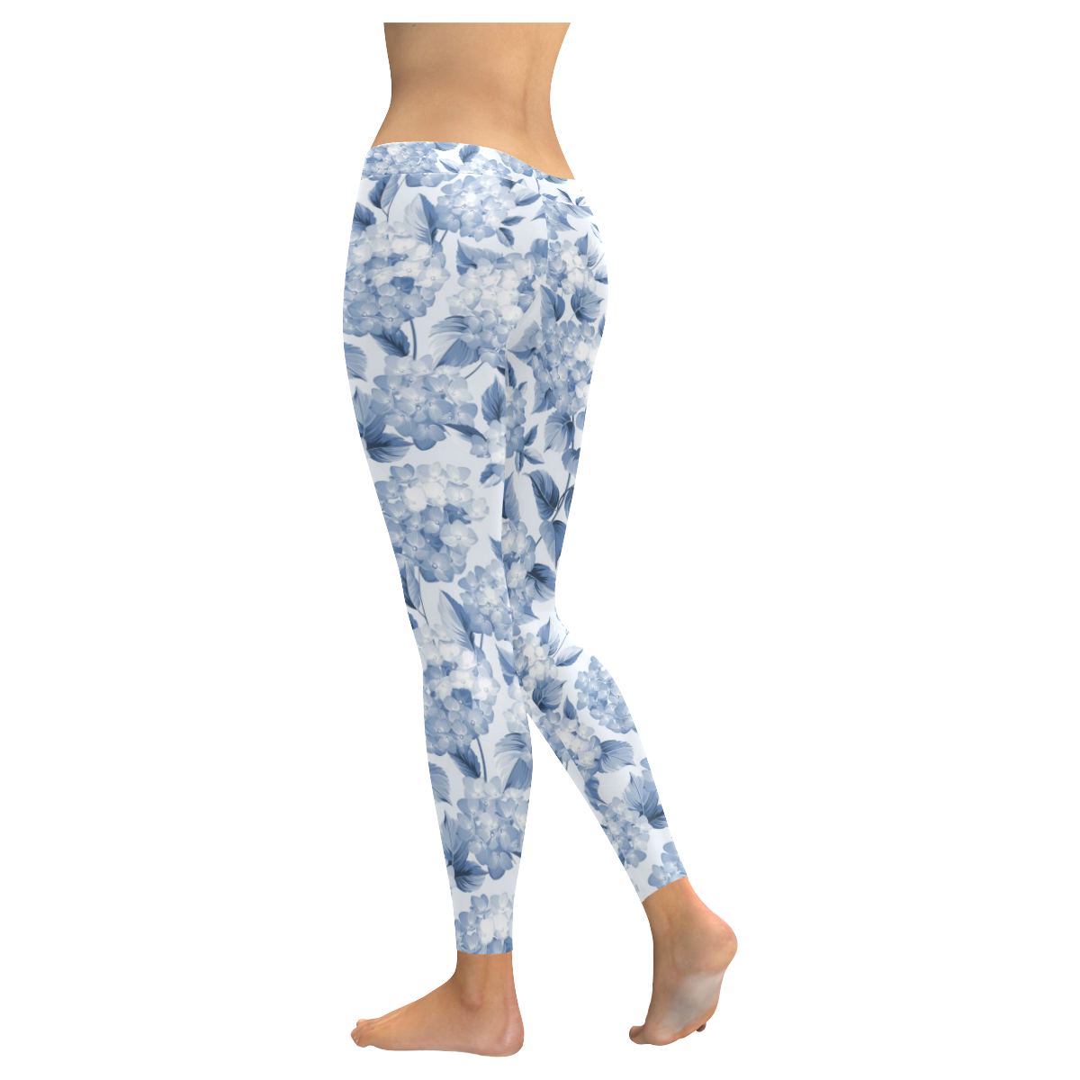 Blue and White Floral Pattern Women's Low Rise Leggings (Invisible Stitch) (Model L05)